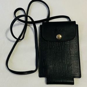 Longchamp Black Leather Logo Cuir Phone Case w/Lanyard LPCR LGP PHONE CS WILNYRD